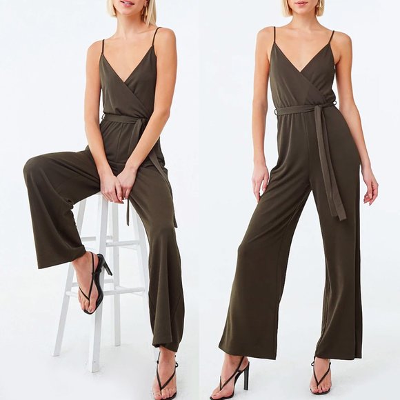 Olive Green Surplice V Neck Wide Leg Belt Jumpsuit - Picture 2 of 8